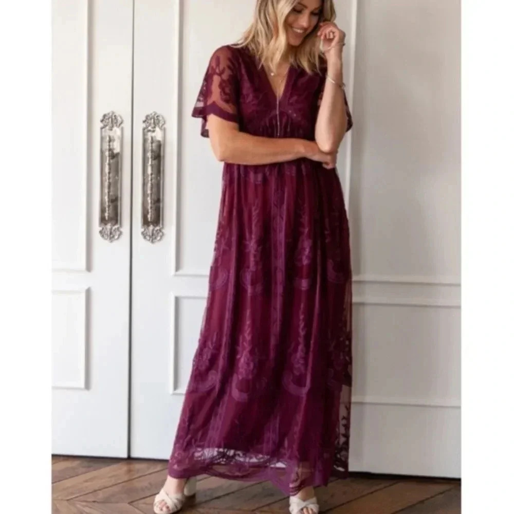 New*PinkBlush Plum Lace Mesh Overlay Maternity